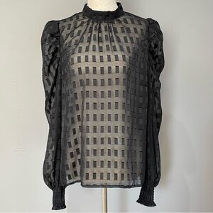 Jealous Tomato Sheer Blouse Size M Black Shimmer High Neck Balloon Sleeves
